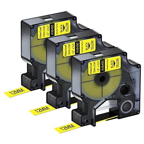 NineLeaf 3 Packung Ersatz für Dymo 18490 A18490 12mm x 3.5m Bänder Schwarz auf Gelb Flexibles Nylon Industrie Schriftband für Rhino 5000 6000 ILP 219 3M PL200 PL300 PL100 PL150 Beschriftungsgerät von NineLeaf