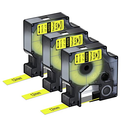 NineLeaf 3 Packung Ersatz für Dymo D1 45018 S0720580 A45018 12mm x 7m 0.47'' Bänder Schwarz auf Gelb Schriftband für LabelManager 160 210D 220P 120P LabelPoint 100 150 200 250 Beschriftungsgerät von NineLeaf