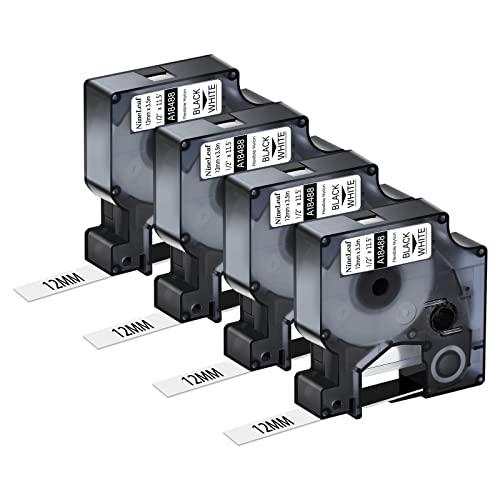 NineLeaf 4 Packung Ersatz für Dymo 18488 A18488 12mm x 3.5m Bänder Schwarz auf Weiß Flexibles Nylon Industrie Schriftband für Rhino 5000 6000 ILP 219 3M PL200 PL300 PL100 PL150 Beschriftungsgerät von NineLeaf