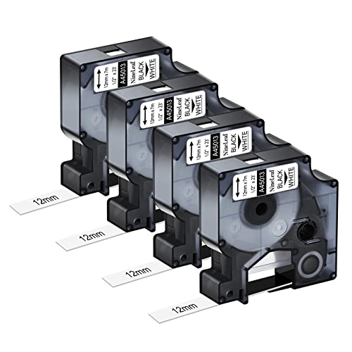 NineLeaf 4 x Kompatibel für Dymo D1 45013 S0720530 A45013 Schriftband 12mm 0.47'' Schwarz auf Weiß Etikettenband für LabelPoint 100 150 200 250 300 350 Wireless PnP ColorPop Beschriftungsgerät von NineLeaf