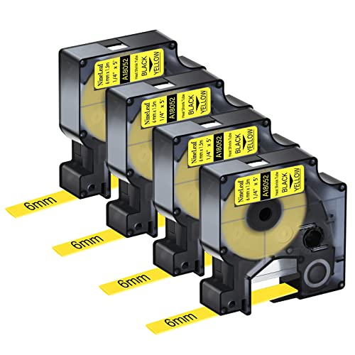 NineLeaf 4 x Kompatibel für Dymo Rhino Schriftband 18052 S0718270 Schwarz auf Gelb Schrumpfschlauch 6mm x 1.5m 1/4'' für Drähte Kabel in Rhino 3000 4200 5000 Tyco T107M Industriell Etikettenband von NineLeaf