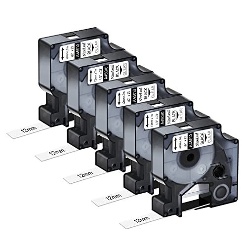 NineLeaf 5 Packung Ersatz für Dymo D1 45010 S0720500 A45010 12mm x 7m 0.47'' Bänder Schwarz auf Transparent Schriftband für LabelManager 160 210D 220P LabelPoint 100 150 200 250 Beschriftungsgerät von NineLeaf