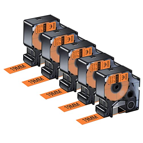 NineLeaf 5 Packung Ersatz für Dymo IND 18436 A18436 19mm x 5.5m Bänder Schwarz auf Orange Vinyl Permanentes Industrie Schriftband für Rhino 4200 5200 5000 6000 ILP 3M PL150 PL200 Beschriftungsgerät von NineLeaf