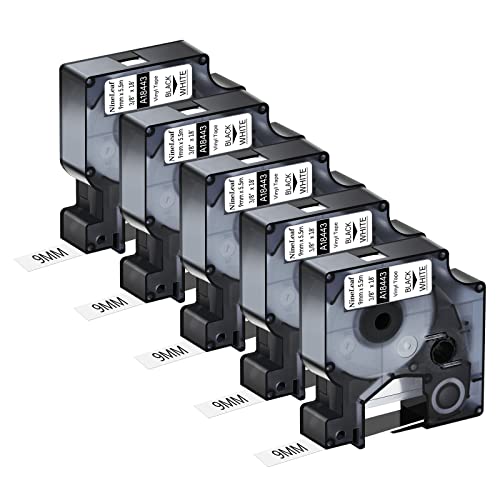 NineLeaf 5 Packung Ersatz für Dymo IND 18443 A18443 9mm x 5.5m Bänder Schwarz auf Weiß Vinyl Permanentes Industrie Schriftband für Rhino 1000 4200 5200 ILP 219 3M PL100 PL150 Beschriftungsgerät von NineLeaf