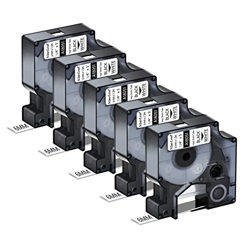 NineLeaf 5 x Kompatibel für Dymo Rhino 18051 S0718260 Schriftband Schwarz auf Weiß Heißschrumpfschlauch 1/4'' 6mm x 1.5m für Drähte Kabel in Rhino 3000 4200 5000 Tyco T107M Industriell Etikettenband von NineLeaf