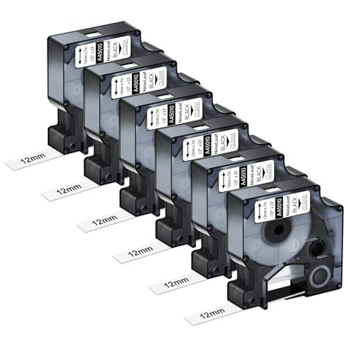 NineLeaf 6 Packung Ersatz für Dymo D1 45010 S0720500 A45010 12mm x 7m 0.47'' Bänder Schwarz auf Transparent Schriftband für LabelManager 160 210D 220P LabelPoint 100 150 200 250 Beschriftungsgerät von NineLeaf