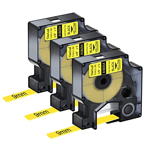 NineLeaf Industrieletiketten, 9 mm, kompatibel mit DYMO 18054 Schrumpfschlauch, Verwendung mit DYMO Rhino 5200 4200 5000 6000 industriellen Etikettenhersteller, Schwarz auf Gelb, 3 Stück von NineLeaf