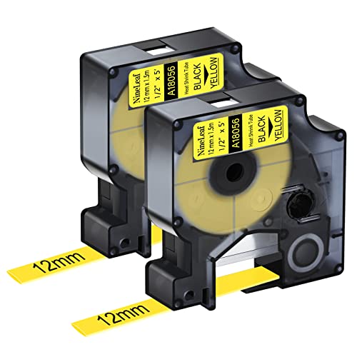 Nineleaf 2er Pack Kompatibel für DYMO 18056 Schrumpfschlauch Industrie-Etikettenband Schwarz auf Gelb 12 mm 1/2" für Drähte Kabel Verwendung in Rhino Pro 3000 4200 5000 5200 6000 3M Etikettendrucker von NineLeaf