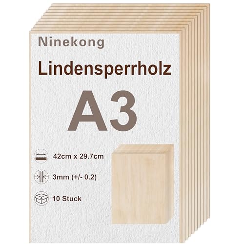 10 Stück Lindenholzplatte A3,sperrholzplatte 3mm,420x297mm Bastelbrett,Pappel-Sandwich, Lindensperrholz, geeignet zum Laserschneiden und Gravieren, Dekupiersäge, Brandmalerei, CNC-Fräsmaschine von Ninekong