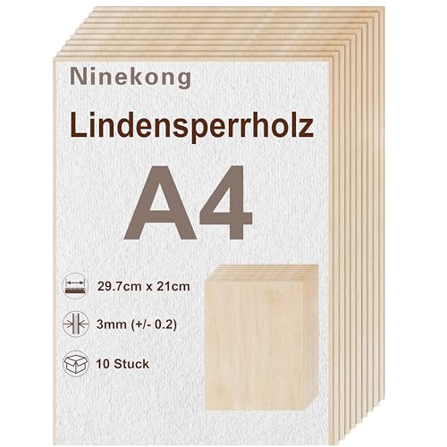 10 Stück Lindenholzplatte A4,sperrholzplatte 3mm,297x210mm Bastelbrett,Pappel-Sandwich, Lindensperrholz, geeignet zum Laserschneiden und Gravieren, Dekupiersäge, Brandmalerei, CNC-Fräsmaschine von Ninekong