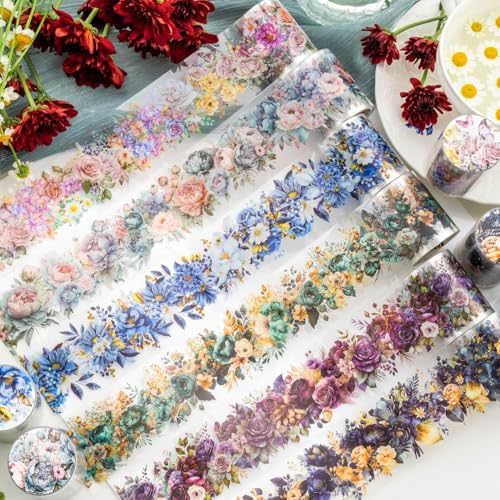 Ningmo scrapbook stickers，6 Rolls Blumen PET Wide Washi Tapes Transparent Sticker für Scrapbooking， Journaling，Bullet Journals, Planner，Mobile phones, photo albums DIY (01) von Ningmo