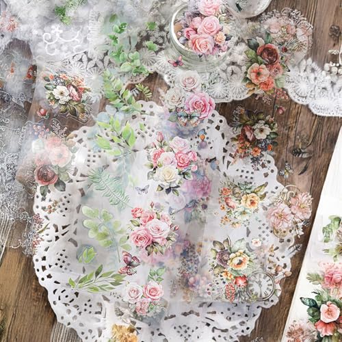 Scrapbook Stickers, 4 Rollen Blumenaufkleber Transparente PET Scrapbooking Aufkleber, Flower Stickers,Schmetterling Blumen Sticker für DIY Fotoalbum Tagebuch Scrapbooking Gepäck Kalender Wand (06) von Ningmo