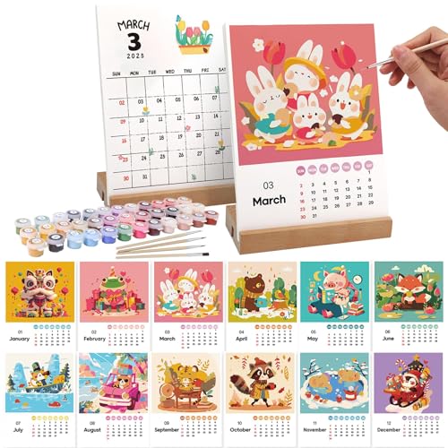 Tischkalender 2025, Malen Nach Zahlen Kalender Tischkalender，DIY Animal Malen Nach Zahlen Tischkalender,mit Pinsels Acrylfarbe und Base für Geschenke und Home Haus Deko-Tier von Ningmo