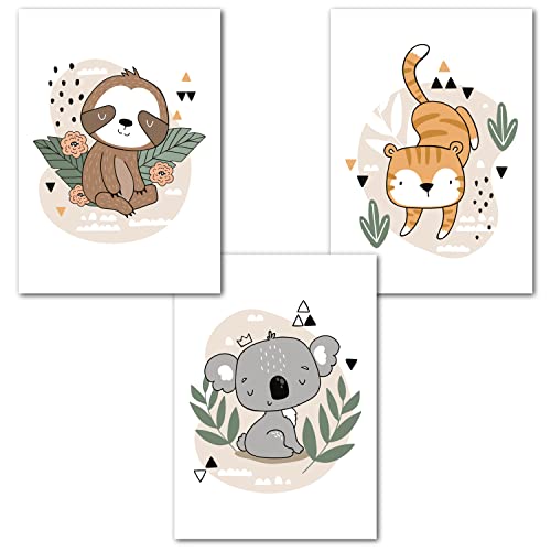 Ninky® Bilder Kinderzimmer | 3er Set Bilder DIN A4 | Wandbilder Babyzimmer Deko | Safari Tiere Dschungel Poster Wandposter Deko Babyzimmer (Set 2 - Faultier Koala Tiger) von Ninky