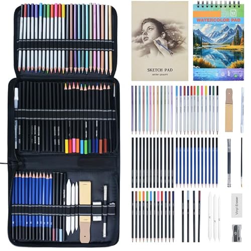 Ninonly 75PC Zeichen Zeichenstifte Professionell Set 75Pcs Zeichenstift Set mit Skizzenbleistift, Graphitstift, Kohlestift, Farbstift, Skizzenbuch, Zeichenzubehör Für Künstler, Anfänger von Ninonly