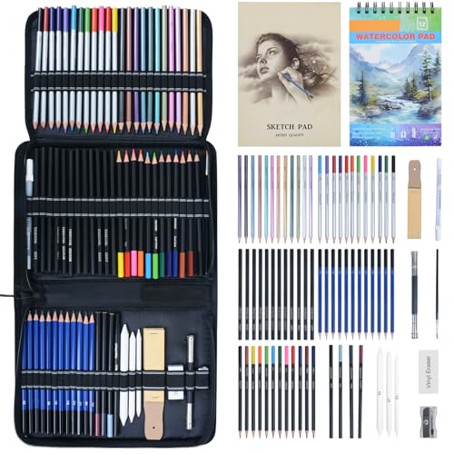 Ninonly 75PC Zeichen Zeichenstifte Professionell Set 75Pcs Zeichenstift Set mit Skizzenbleistift, Graphitstift, Kohlestift, Farbstift, Skizzenbuch, Zeichenzubehör Für Künstler, Anfänger von Ninonly