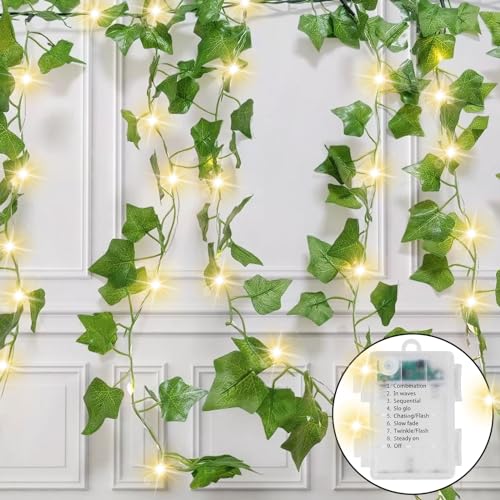 Ninonly Efeu Lichterkette, 5m 50 LED Efeu Künstlich mit Lichterkette, Efeu Girlande mit LED, Batteriebetrieben Efeu Dekorative für Innen Fenster Vorhang Balkon Hochzeit von Ninonly