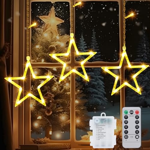 Ninonly Sterne Lichtervorhang Lichterkette, 39 LED Weihnachten Lichterkette Fenster, 8 Modi Led Vorhang Lichter Wasserdicht, Batteriebetrieben Weihnachten Deko für Innen Aussen Balkon von Ninonly