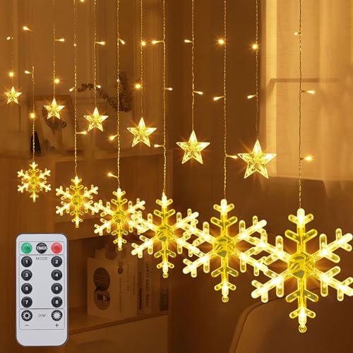 Ninonly Weihnachten Lichtervorhang Lichterkette, 126 LED Schneeflocken Sterne Lichterkette Fenster, 8 Modi Led Vorhang Lichter Wasserdicht, Batteriebetrieben Weihnachten Deko für Innen Aussen Balkon von Ninonly