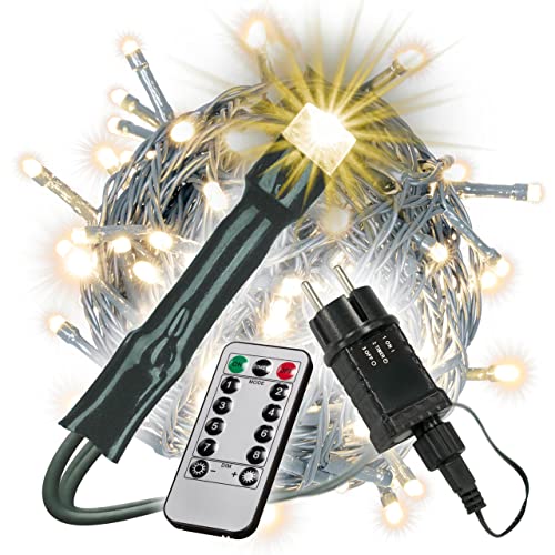 LED Lichterkette warmweiß mit 8 Funktionen und Fernbedienung Trafo Timer Innen Außen grünes Kabel Weihnachtsdeko Weihnachtsbeleuchtung (200 LED) von Nipach GmbH