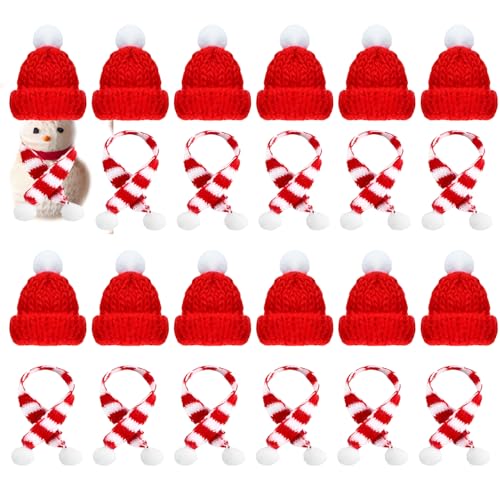 24 Stücke Mini Weihnachtsmütze und Schal Set, Mini-Strickmütze des Weihnachten Lutscherhut, Weinflasche Abdeckung Dekoration Hut mit Schal für Tischdekoration Schneemann Geschenk Dekoration (Rot) von Nircho