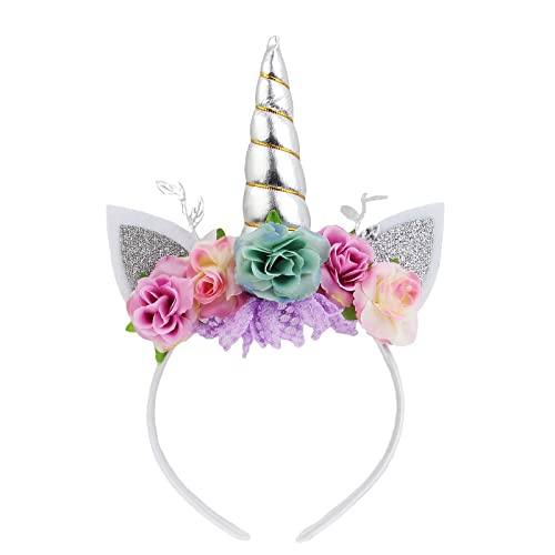 Nishine Einhorn Horn Floral Stirnband Glitter Ohren Pony Kopfbänder Tiara für Mädchen Party Geburtstag Cosplay(Silber&Mint) von Nishine