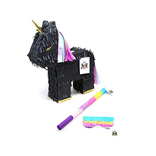 Nislai Einhorn Pinata Schwarz Set | Ideal als Pinata Geburtstag | Pinata Hochzeit | JGA Party | Geschenkidee | Party Dekoration oder Pinataspiel | inkl. Schlagstock und Augenmaske | u. 43x33x10 von Nislai