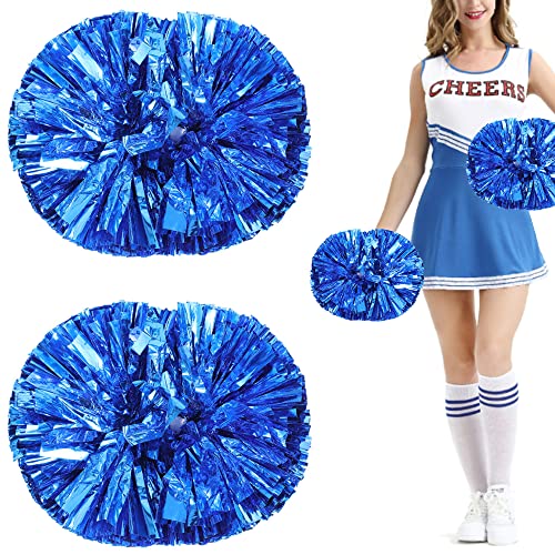 Niuhong 2 Pcs Metallfolie Cheerleading Pom Poms Tanzen Spiele Doppelte Pompons Mit Griffen Metallisch Cheerleader Pompons Kinder Team Handblumen Tanzparty Sportwettbewerb Erwachsener Prost Ball (Blau) von Niuhong