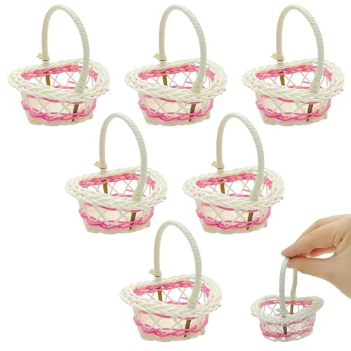 Niuhong 6 Pcs Mini Rattan Korb Geflochtener Blumenkorb Mit Henkel Kleiner Gewebter Geschenkkorb Dekoration Miniatur Henkelkorb Obstkorb Picknickkorb Brotkörbe DIY Dekorieren Aufbewahrungskorb (rosa) von Niuhong