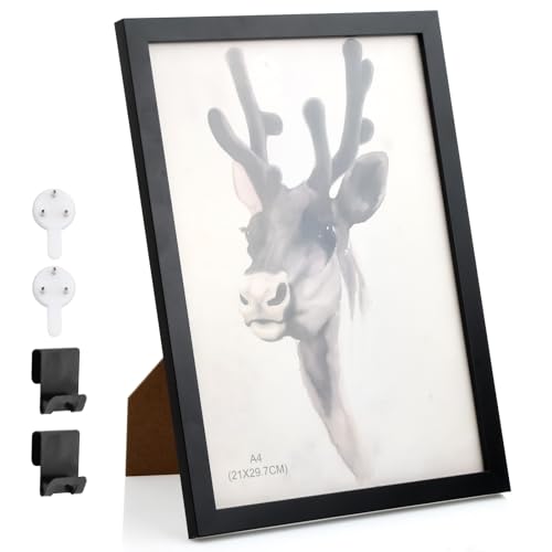 Nivofu Bilderrahmen A4, 21x29.7cm, Massivholz Bilderrahmen, aus MDF, Bilderrahmen A4 mit Plexiglas, Bilderrahmen din A4 Wand Holz, Modern Photo Frame, Rahmen zum Aufhängen, Schwarz von Nivofu