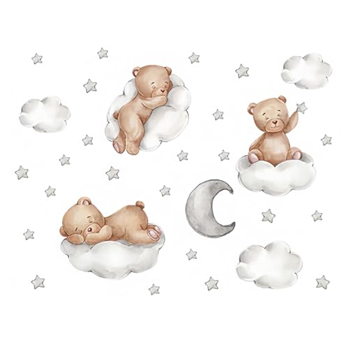 Nivofu Wandsticker Bär, Wandtattoo Bär auf Mond, Wandsticker Kinderzimmer Bär, Wandaufkleber Mond und Sterne, Mädchen Zimmer Wanddeko, Babyzimmer Deko Junge, Babyzimmer Bären Deko von Nivofu