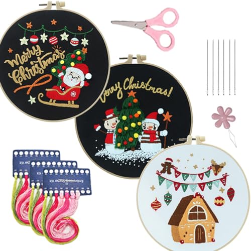 Niwugady Set von 3 Weihnachten Stickerei Kit Weihnachtsmann Schneemann Muster DIY Kreuzstich Kits mit verstellbarem Stickrahmen Frauen Hobbys für Anfänger Set 1 Eins von Niwugady