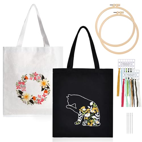 Canvas Tasche Stickerei Set, 2 Pcs Canvas Tote Bag Stickset Mit Muster Und Anleitung, Stickset Für Segeltuchtasche, Sticken Set Erwachsene, Anfänger Stickerei Set, Leinen-Tragetasche Schwarz und weiß von Nizirioo