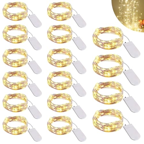 Nizirioo 16 Stück LED Lichterkette: 2M Mini Lichterketten Batteriebetrieben, Wasserdichte Kupfer Drahtlichterkette für Party Weihnachten Halloweent Hochzeit Weihnachten Deko (Warm Weiß) von Nizirioo