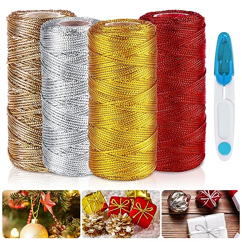 Nizirioo 4 Rolle Metallic Kordel, Goldkordel, 1,5mm Goldfaden Zum Basteln 100m Goldschnur Gold Schnur Metallic Schnur Metallisch Kordel Für DIY Kunsthandwerk Verpackungs(Gold, Silber, Roségold, Rot) von Nizirioo