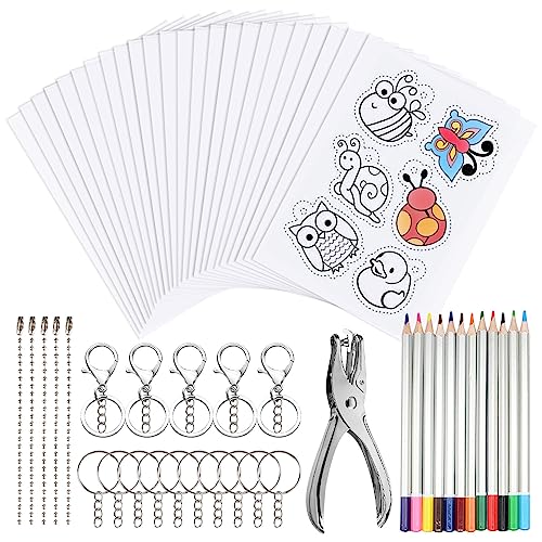 Nizirioo 53 Stück Schrumpffolie Set, Schrumpffolien Set, Schrumpfpapier Transparent Shrink Plastic Zum Basteln Mit Schlüsselanhänger Locher Bleistifte Kugelketten Schlüsselring Für DIY Handwerk von Nizirioo