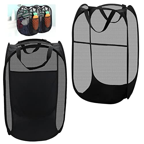 Nizirioo Faltbarer Wäschekorb Netzstoff Ablagekorb: 2 Stücke Schwarz Pop-up Faltbarer Laundry Baskets, Ablagekorb Eimer Runde Lagerung Kompatibel mit Griffen, Kinder Wäschekorb für Home Organizer von Nizirioo