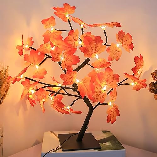 Nizirioo Herbstdeko Ahornblatt Baum Licht: Deko innen Baum Licht mit 24 LEDs, Schreibtisch Ahorn-Blätter Baumlicht Warmweiß mit USB-Schalter, Dekoration Blätter Lichterketten für Thanksgiving von Nizirioo