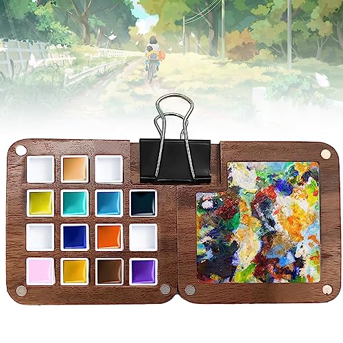 Nizirioo Skizzenbuch Palette aus Holz: Mini Reise 15 Raster, Wassermalkasten Aquarellkasten Leer, Faltbar Deckel und Mischpalette, für Aquarellmalerei, Acrylmalerei von Nizirioo