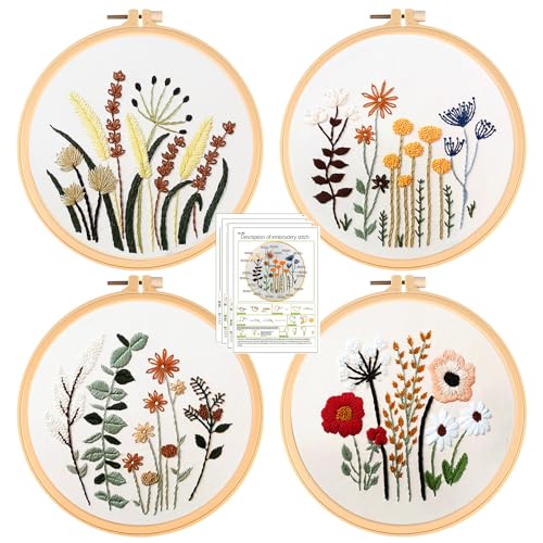 Nizirioo Stickerei Set Anfänger, 4 Stück Anfänger Stickerei Set Stickerei Set, Stickerei Starter Kit mit Muster und Anleitung, Handmade Embroidery Starter Kit für DIY Kunst, Handwerk, Nähen von Nizirioo