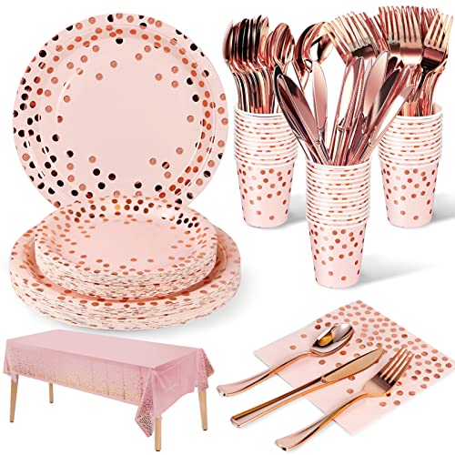 141 Stück Rosegold Partygeschirr, Pappteller Kindergeburtstag Set, ​Geburtstag Party Geschirr, Partyzubehör Papier Geschirr Set einschließlich Teller Becher Wiederverwendbares Geschirr -20 Gäste von Nkaiso