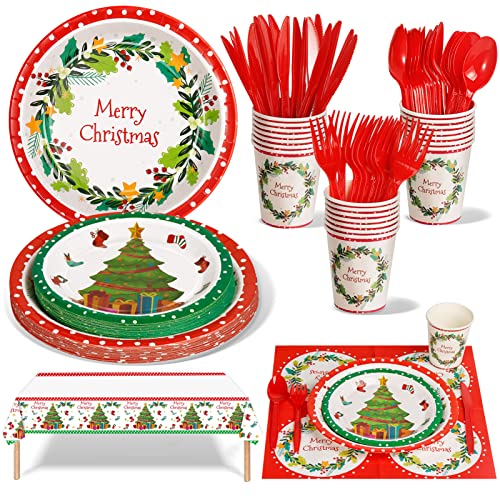 141Stück Weihnachten Partygeschirr,Partyzubehör Pappteller Set,Wiederverwendbar Weihnachten ​Papier Geschirr Set einschließlich Tischdecke Teller Becher Servietten zum Weihnachten Party(20 Gäste) von Nkaiso