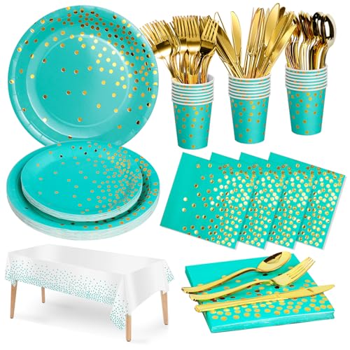 Nkaiso 141Stück Partygeschirr Blaugrün und Gold Partyzubehör Pappteller Set, ​Geburtstag Papier Geschirr Set mit Teller Becher Servietten Tischdecke zum Hochzeiten Jubiläums Baby Shower -20 Gäste von Nkaiso