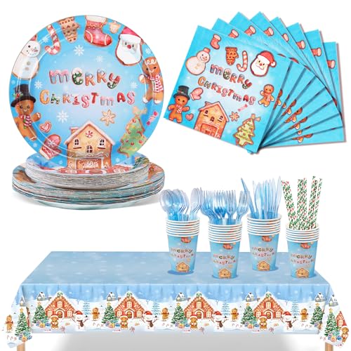 Nkaiso 193 Stück Weihnachten Geschirr Weihnachten Pappteller Partygeschirr Set Weihnachten Deko Set Mit Tellern, Geschirr, Tischdecken, Pappbecher, Für Weihnachten Party -24 Gäste von Nkaiso