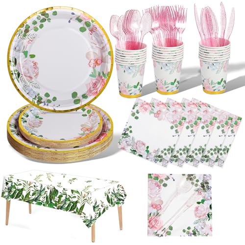 Nkaiso Blumen Partygeschirr Set 141 Stück Geburtstag Partyzubehör Pappteller Kindergeburtstag Set ​Mädchen Party Papier Geschirr Set einschließlich Becher Servietten Geschirr -20 Gäste von Nkaiso