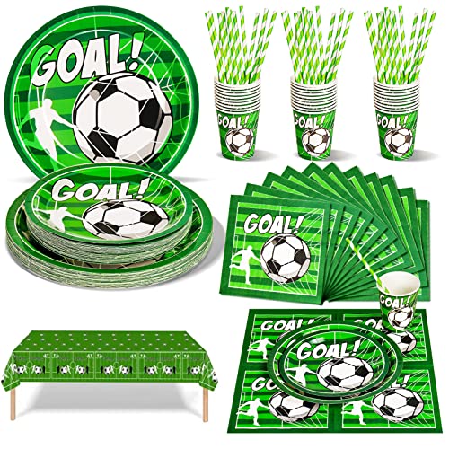 Nkaiso Fussball Geburtstag Deko Neutral Partygeschirr Set für 25 Personen, 126 Stück Grün Papier Teller Becher Servietten Strohhalme für Baby Shower Geburtstag Mädchen Junge Mottoparty von Nkaiso