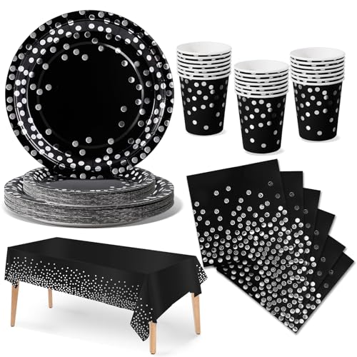 Nkaiso Partygeschirr 141 Stück Schwarz und Silber Partyzubehör Pappteller Kindergeburtstag ​Mädchen Party Papier Geschirr Set einschließlich Becher Servietten -20 Gäste von Nkaiso