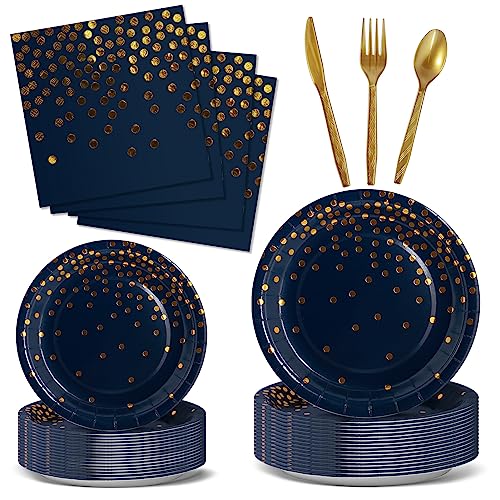 Nkaiso Partygeschirr 144 Stück Marineblaugold Kindergeburtstag Mädchen Party Deko Zubehör Set ​Papier Geschirrset einschließlich Pappteller Gabeln Servietten für Hochzeiten Deko Jubiläums-24 Gäste von Nkaiso