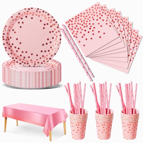 Nkaiso Partygeschirr Kindergeburtstag, 126 Stück Rosa und Roségold Pappteller Kindergeburtstag Mädchen Party Set mit Pappteller, Pappbecher, Servietten und Strohhalme für 25 Gäste von Nkaiso