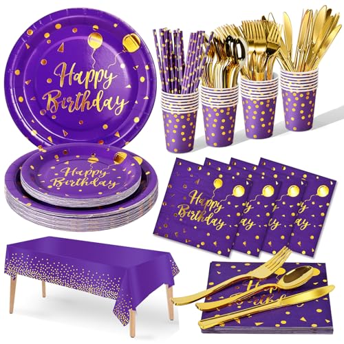 Nkaiso Partygeschirr Kindergeburtstag, 161 Pieces Lilagold Partygeschirr Set mit Becher Servietten Tischdecke Pappteller Geburtstag Mädchen Geburtstagsdeko für Party Geburtstag -20 Gäste von Nkaiso